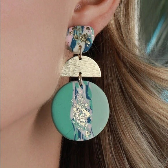 Teal Tone Round Shape Drop Earrings